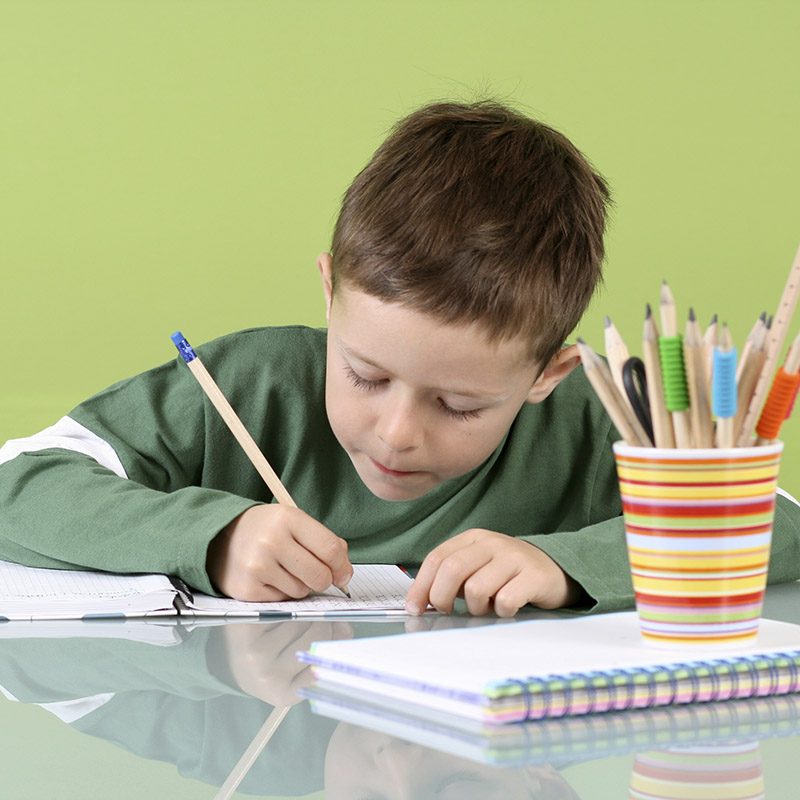 7 years old boy doing his homework - education